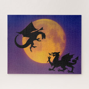 Dragon Vs Dragon Silhouette and Moon Jigsaw Puzzle