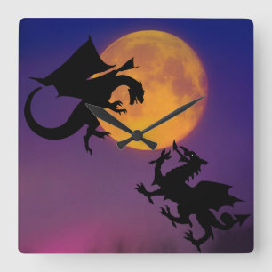 Dragon Vs Dragon Silhouette and Moon Wall  Square Wall Clock
