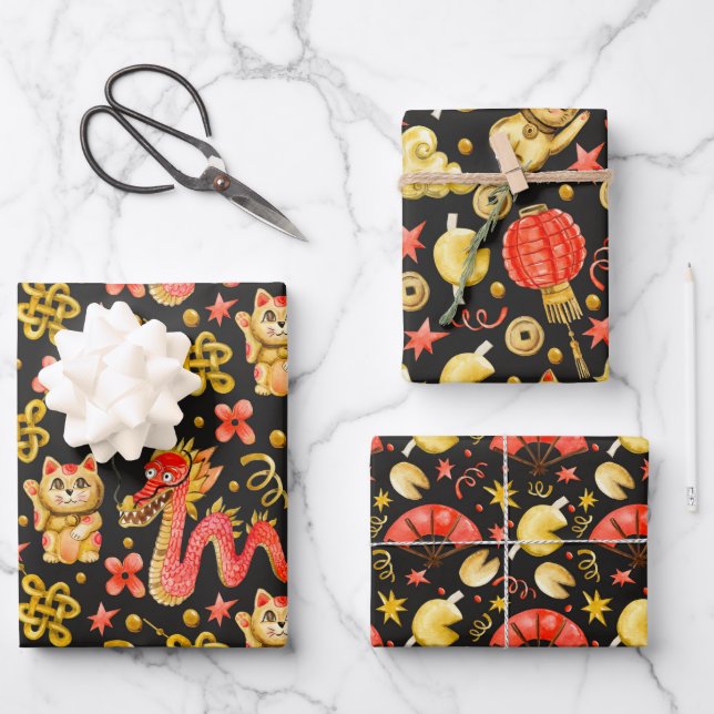 Dragon & Waving Cat | Chinese New Years Wrapping Paper Sheet (Front)