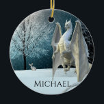 Dragon Winter Ice Crystals Snow Christmas Ceramic Ornament<br><div class="desc">This design was created though digital art. It may be personalised by choosing the customise option. Contact me at colorflowcreations@gmail.com or use the chat option at the top of the page if you wish to have this design on another product. Purchase my original abstract acrylic painting for sale at www.etsy.com/shop/colorflowart....</div>