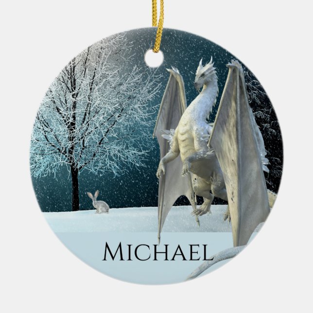 Dragon Winter Ice Crystals Snow Christmas Ceramic Ornament (Front)