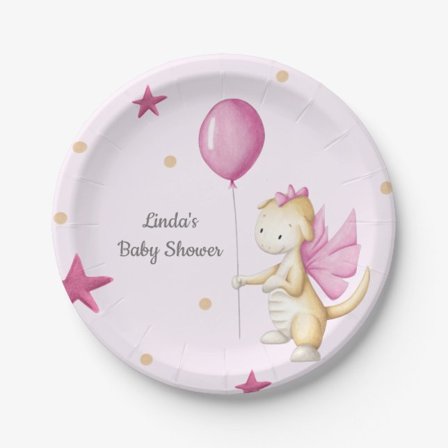 Dragon with Balloon Light Pink Girl Baby Shower Paper Plate (Front)