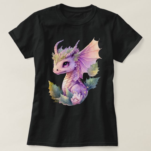 Dragon with Fantasy Floral Elements and Pastels T-Shirt (Design Front)