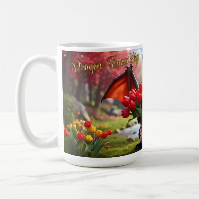 Dragon with red tulips. 15-ounce mug (Left)