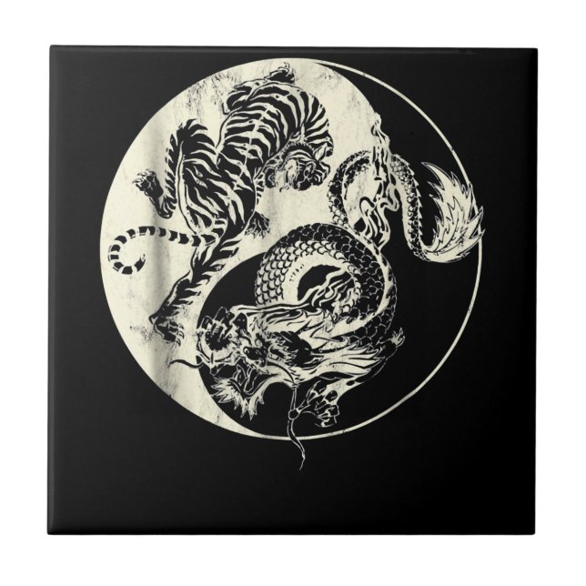 Dragon With Tiger Tattoo YIN And Yang Beast Fight Ceramic Tile (Front)