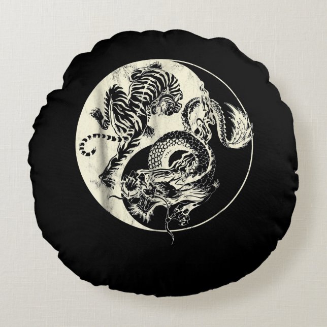 Dragon With Tiger Tattoo YIN And Yang Beast Fight Round Cushion (Front)