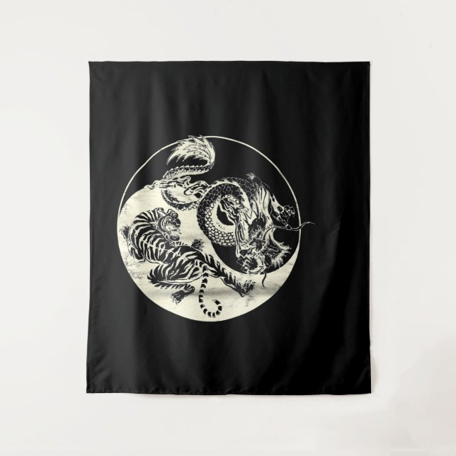 Dragon With Tiger Tattoo YIN And Yang Beast Fight Tapestry (Front)