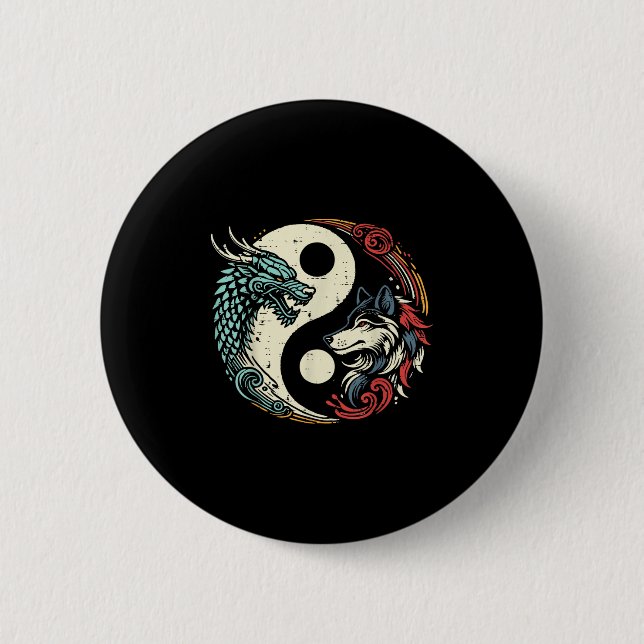 Dragon Wolf Yin Yang Chinese Mythical Zen Men Wome 6 Cm Round Badge (Front)