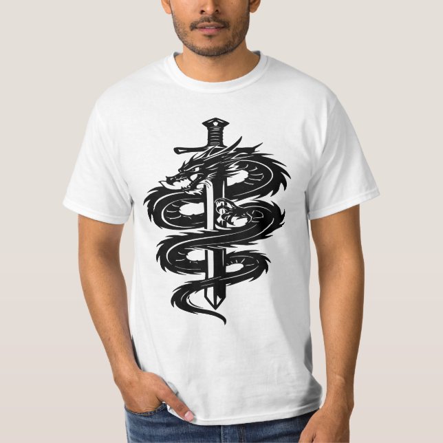 Dragon Wrapped Sword Tattoo Style T-Shirt (Front)