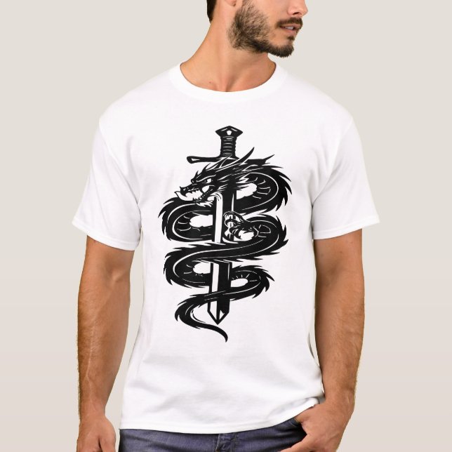 Dragon Wrapped Sword Tattoo Style T-Shirt (Front)