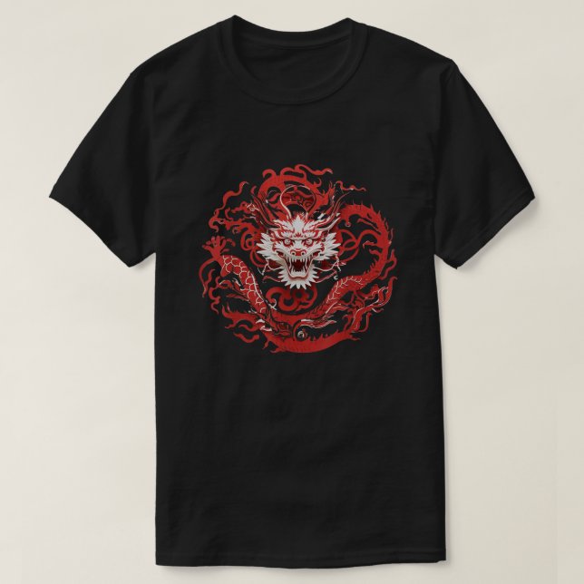Dragon Zodiac Red White Paper-Cutting Style Asian T-Shirt (Design Front)