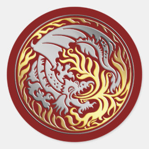 Dragoncircle - Chrome with Gold Fire on Red Classic Round Sticker