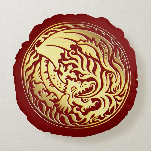 Dragoncircle - Gold on Red Round Cushion (Front)