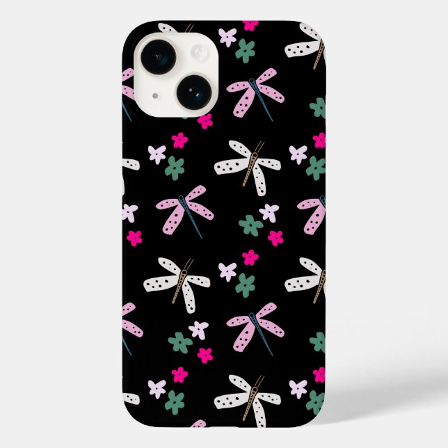 Dragonflies and Flowers On Black Case-Mate iPhone Case (Back)