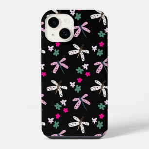 Dragonflies and Flowers On Black iPhone 14 Case