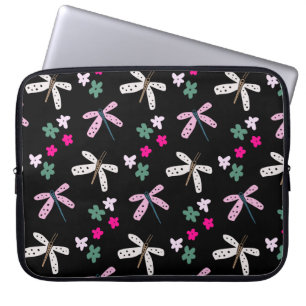 Dragonflies and Flowers On Black Laptop Sleeve