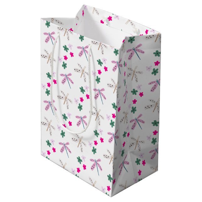 Dragonflies and Flowers On White Medium Gift Bag (Back Angled)