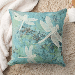 Dragonflies And Flowers Pattern Teals Cream Blues Cushion