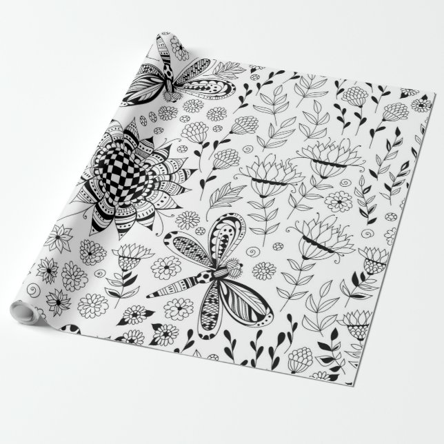 Dragonflies and flowers wrapping paper (Unrolled)