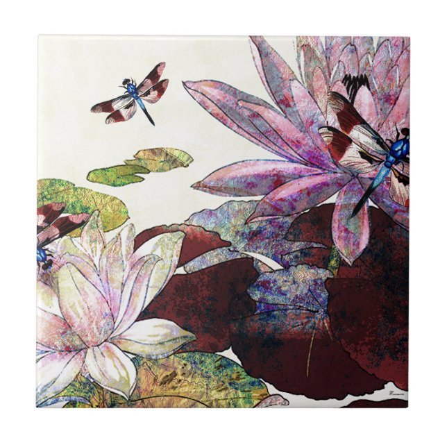 DRAGONFLIES AND LOTUS.jpg Ceramic Tile (Front)