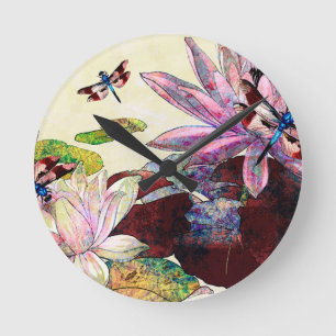 DRAGONFLIES AND LOTUS.jpg Round Clock