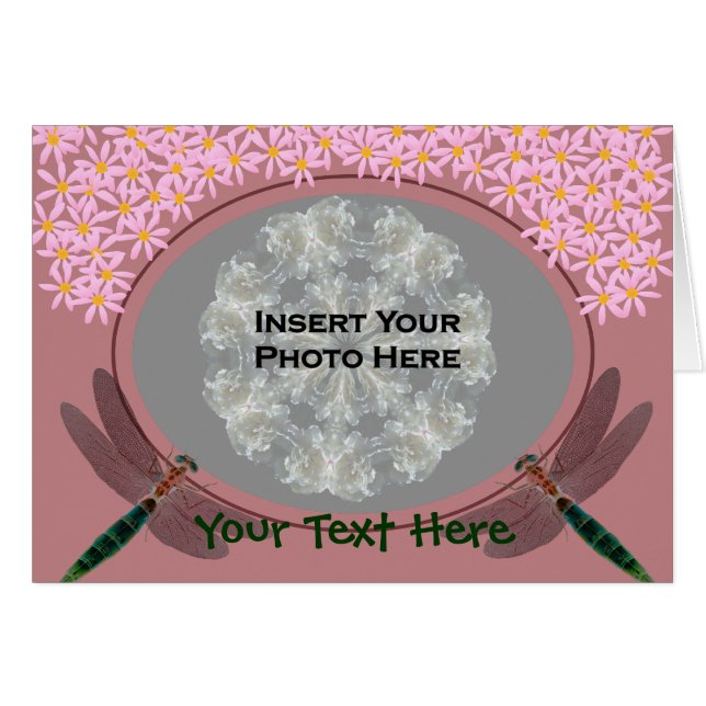 Dragonflies And Pink Daisy Flowers Photo Card (Front Horizontal)