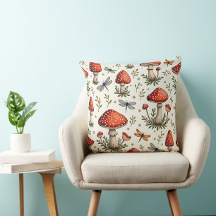 Dragonflies and Red Mushrooms Cushion
