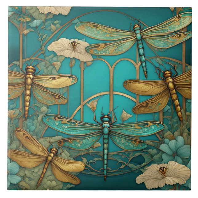 Dragonflies Art Nouveau Art Deco Teal Dragonfly Ceramic Tile (Front)