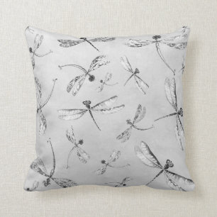 Dragonflies Black White Grey Insects Pillow