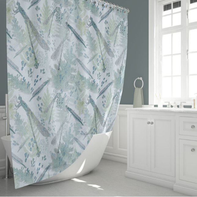 Dragonflies Blues Shower Curtain (Dragonflies Delicate Fern Leaves Blues Greens Shower Curtain from Studio Posies.)