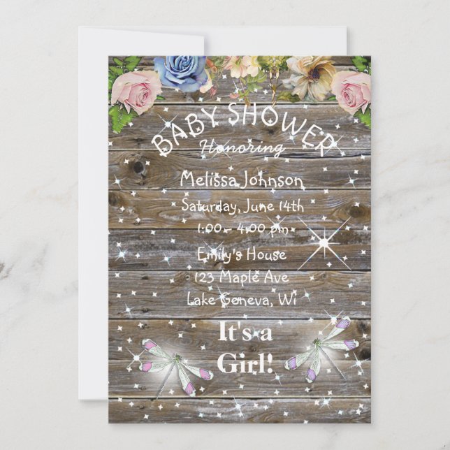 Dragonflies, Flowers and Sparkles Baby Shower Invitation (Front)