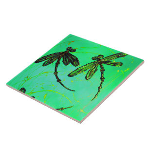 Dragonflies Gorgeous Green & Turquoise Twist Ceramic Tile