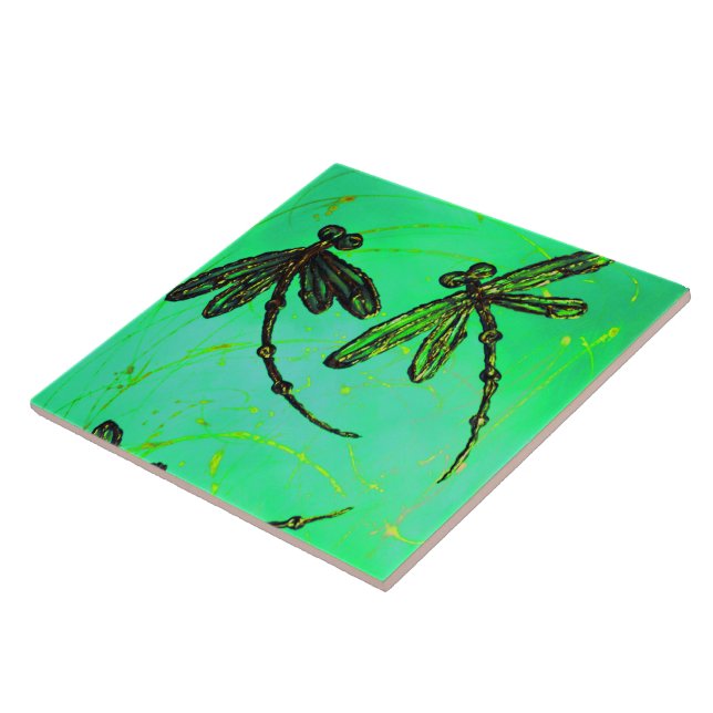 Dragonflies Gorgeous Green & Turquoise Twist Ceramic Tile (Side)