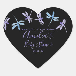 Dragonflies Hand Painted Baby Shower Black Heart Sticker