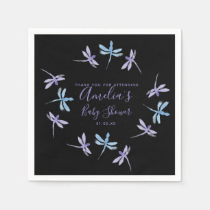 Dragonflies Hand Painted Baby Shower Black Napkin