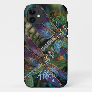 Dragonflies in a Colourful Garden with Name iPhone 11 Case