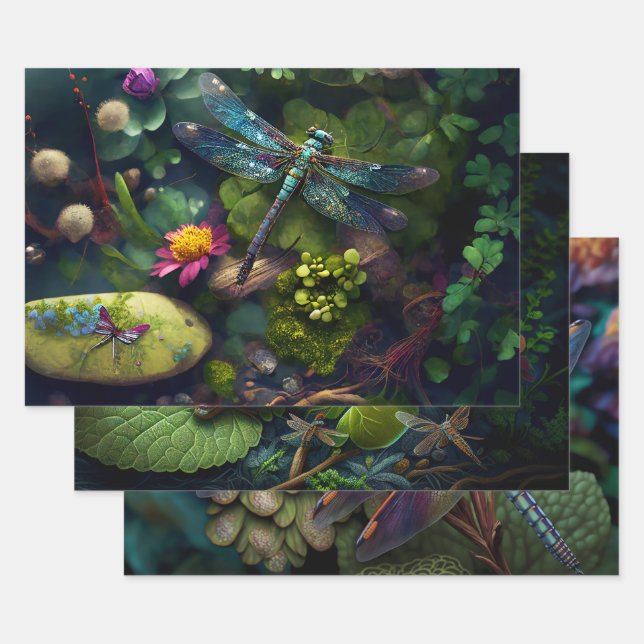 Dragonflies in Colourful Gardens Decoupage Wrapping Paper Sheet (Set)