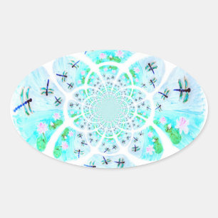Dragonflies, Lily Flowers Patterned Oval Sticker