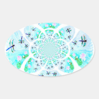 Dragonflies, Lily Flowers Patterned Oval Sticker