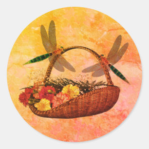 Dragonflies On Flower Basket Nature Art Classic Round Sticker