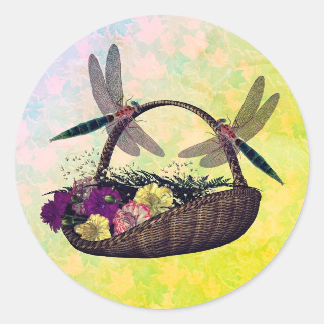 Dragonflies On Flower Basket Nature  Classic Round Sticker (Front)