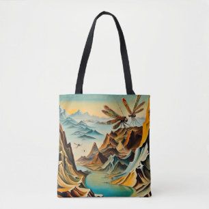 Dragonflies over prehistoric landscape tote bag
