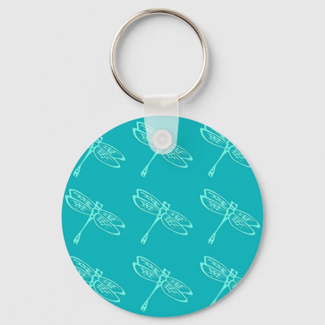 Dragonflies, pale aqua on turquoise key ring (Front)