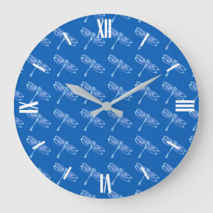 Dragonflies, pale blue on denim blue large clock