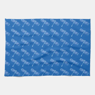 Dragonflies, pale blue on denim blue tea towel