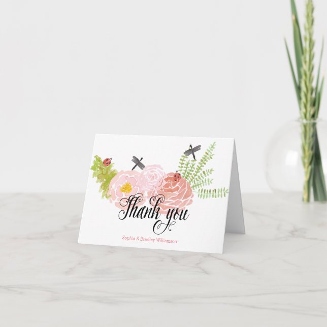 Dragonflies Roses Watercolor Garden Thank you Card (Front)