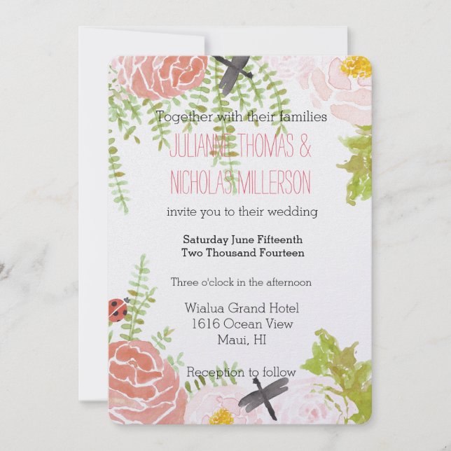 Dragonflies Roses Watercolor Garden Wedding Invitation (Front)