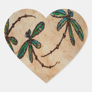 Dragonflies Rustic Cream Heart Sticker