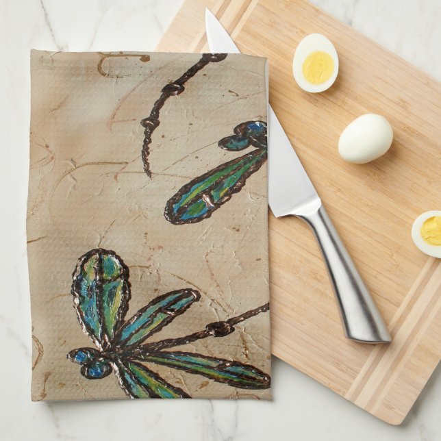 Dragonflies Rustic Cream Tea Towel (Quarter Fold)