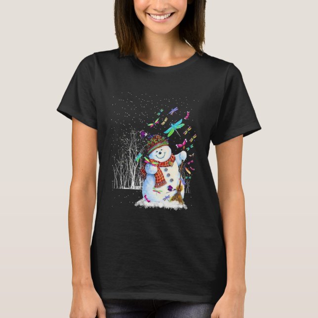 Dragonflies Snowman Scarf Christmas Tree Forest Wi T-Shirt (Front)